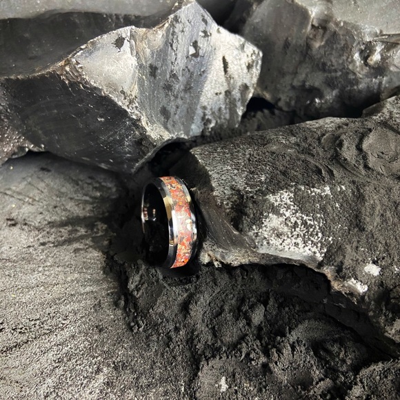 Fire Opal Inlay Black Wedding Band - Picture 4 of 5